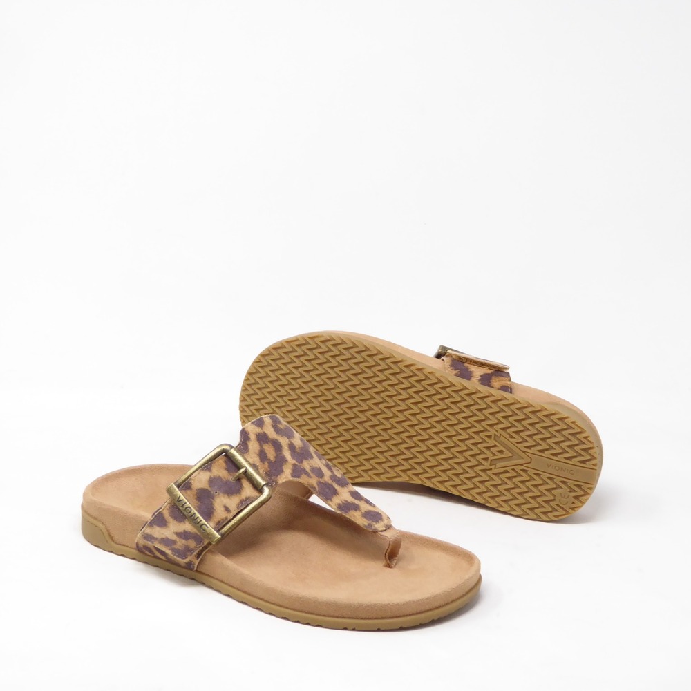 NEW Vionic Women Sandals Brown Leopard Print Emma Buckle Thong Size 7